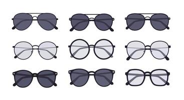 Collection of stylish eyeglasses and sunglasses in flat minimal design with various frame shapes and lens tones art vector