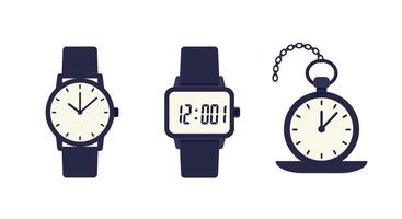 Classic wristwatch digital watch and pocket watch set in simple flat style black and white illustration vector