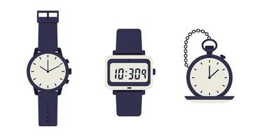 Three different styles of wrist and pocket watches in flat minimal design with black straps and white faces illustration vector