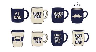 Set of eight minimal Fathers Day coffee mugs with text and mustache design flat illustration vector