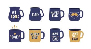 Collection of flat style coffee mugs with dad themed designs and warm tones in illustration vector