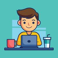 Charming Man Diligently Working on Computer with Coffee in Hand vector