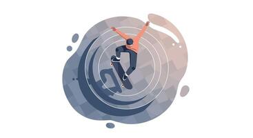 Male skateboarder performing trick in dynamic motion with minimal flat design and abstract circular background illustration vector