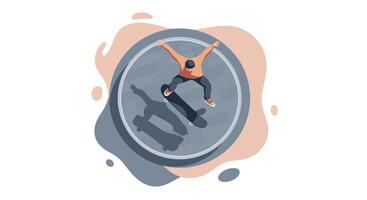 Woman practicing yoga in warrior pose on circular mat with shadow in minimal flat design illustration vector