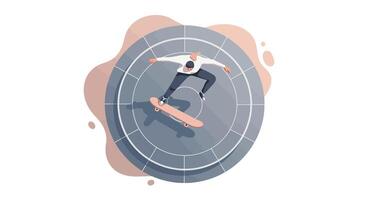 Male skateboarder performing trick on circular skate ramp minimal flat design art vector