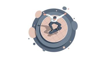 Skateboarder performing ollie trick on circular patterned ground in dynamic flat design illustration vector