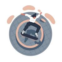 Female skateboarder performing jump trick in dynamic pose with urban elements flat design illustration vector