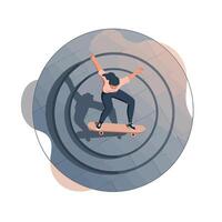 Young woman performing skateboard trick in urban skatepark with minimal flat design style illustration vector