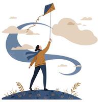 Woman flying a kite on a small hill with flowing scarf and dynamic sky elements in minimal flat illustration vector