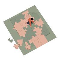 Man assembling large puzzle pieces on flat surface in minimal style illustration vector
