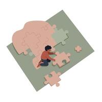 Child assembling large puzzle pieces on floor with flat minimal design showing focus and problem solving illustration vector