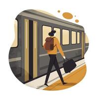 Person walking with suitcase and backpack beside train platform in flat minimal urban travel scene illustration vector