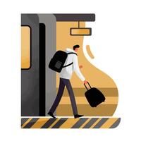 Young man carrying suitcase walking on subway platform with backpack flat minimal art vector