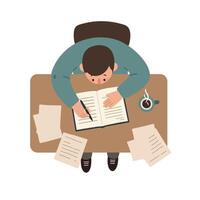Top view of focused person writing in notebook at desk with coffee cup and scattered papers flat minimal illustration vector