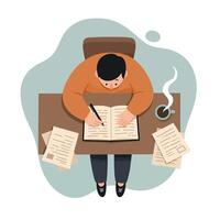Top view of focused man writing notes at wooden desk with scattered papers and steaming coffee cup flat style illustration vector