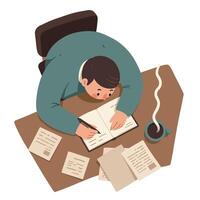 Man writing notes at desk surrounded by papers and coffee cup flat design illustration vector