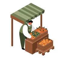 Farmer sorting fresh vegetables at market stall with green canopy in flat isometric style illustration vector