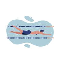 Male swimmer in swimming pool performing front crawl stroke in flat minimal style illustration vector