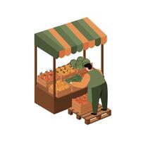 Man selecting fresh vegetables at a striped canopy market stall in flat isometric style illustration vector