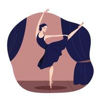 Ballet dancer performing an elegant arabesque pose on stage with dark curtains in flat minimal illustration vector