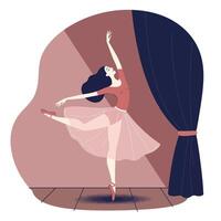 Female ballet dancer performing elegant arabesque pose on stage with dark curtain backdrop in minimal flat style illustration vector