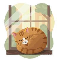 Sleeping orange tabby cat curled up on windowsill with sunlight and green trees in flat art vector