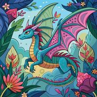 Abstract and Ethereal Flight of a Dragon in a Enchanting Floral Forest vector