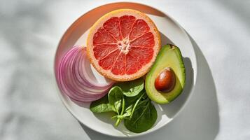 A single grapefruit slice, a perfect avocado wedge and a curl of red onion with a just-wilted spinach on a white plate. photo