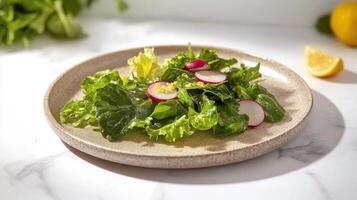 A vibrant mix of organic greens arugula,and butter lettuce tossed with thinly sliced radishes in shades of pink and white, scattered with toasted pumpkin seeds for texture. photo