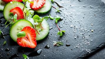 Fresh summer salad with cucumber slices, strawberries and micro greens. The basil dressing is applied with brushstrokes. photo