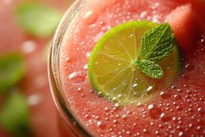 Close up of the watermelon smoothie with bubbles trapped under a lime slice, mint leaves in the icy texture. photo