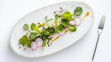 An aerial view of a salad emerald green leaves, paper-thin radish rounds, and pumpkin seeds arranged on a stoneware plate. photo