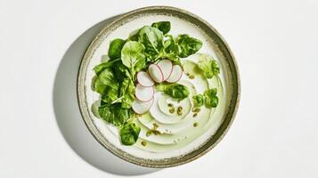 Fresh salad with emerald green leaves, paper-thin radish rounds, and pumpkin seeds arranged on a stoneware plate. photo