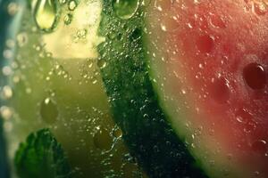 Close up of the summer watermelon cocktail with bubbles trapped under a lime slice, mint leaves in the icy texture. photo
