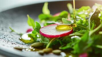 Close up of the fresh salad - dewdrops of olive oil clinging to a ruffled radish slice, pumpkin seeds caught onto a bed of peppery arugula. photo