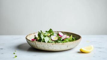 A vibrant mix of organic greens arugula,and butter lettuce tossed with thinly sliced radishes scattered with toasted pumpkin seeds for texture. photo