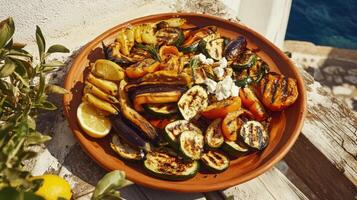 A red platter overflows with grilled vegetables eggplants, zucchini and bell peppers in sunset hues. photo
