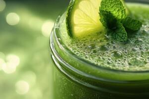 Close up of the summer green smoothie with bubbles trapped under a lime slice, mint leaves in the icy texture. photo