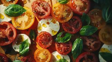 A freshCaprese salad showcasing an array of locally tomatoes in hues of deep red, orange, and yellow, interspersed with fresh green basil leaves. The creamy farm mozzarella is thickly sliced. photo