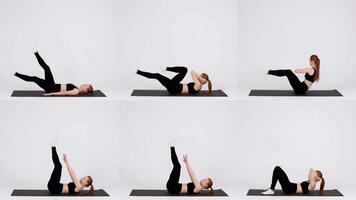 An athletic woman engaged in various workout poses focus on core strength and flexibility, demonstrating effective training methods in a bright studio environment. video