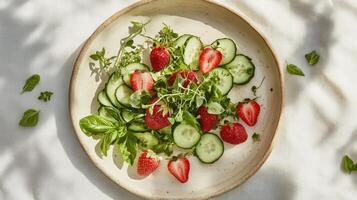 A summer salad featuring crisp cucumbers , ripe strawberries, basil leaves and a micro green - pea shoots and radish sprouts. photo