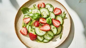 A fresh summer salad featuring crisp cucumbers , ripe strawberries and basil leaves. photo