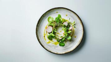 An aerial view of a fresh salad green leaves, paper-thin radish rounds, and pumpkin seeds arranged on a stoneware plate. photo