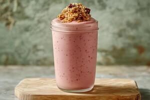 The glass jar of berry smoothie with granola on a breakfast. The background is a muted sage wall with texture. photo