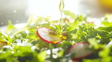 Close up of the green salad - dewdrops of olive oil clinging to a ruffled radish slice, pumpkin seeds caught onto a bed of peppery arugula. photo