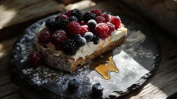 A thick slice of artisanal farm bread topped with fresh organic cream cheese. Summer berries - blueberries, raspberries and blackberries tumble across the surface. photo