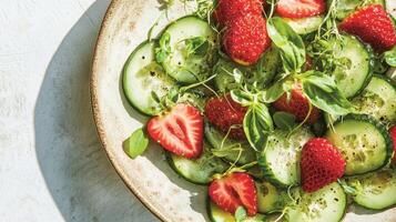 A summer salad featuring crisp cucumbers , ripe strawberries and a micro green - pea shoots and radish sprouts. photo
