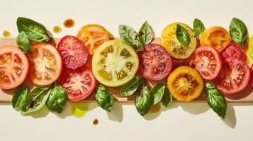 A vibrant array of locally sourced, uniquely shaped heirloom tomatoes in hues of deep red, orange, and yellow, interspersed with fresh green basil leaves . photo
