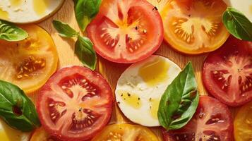 A vibrant Caprese salad showcasing an array of locally tomatoes in hues of deep red, orange, and yellow, interspersed with fresh green basil leaves. The creamy farm mozzarella is thickly sliced. photo