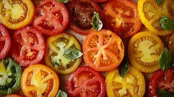 A vibrant array of locally sourced, uniquely shaped tomatoes in hues of deep red, orange, and yellow colors, with fresh green basil leaves . photo